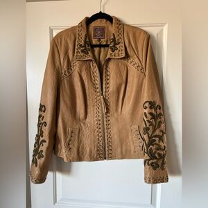 Double D Ranch Tan Leather Jacket with dark green embroidery